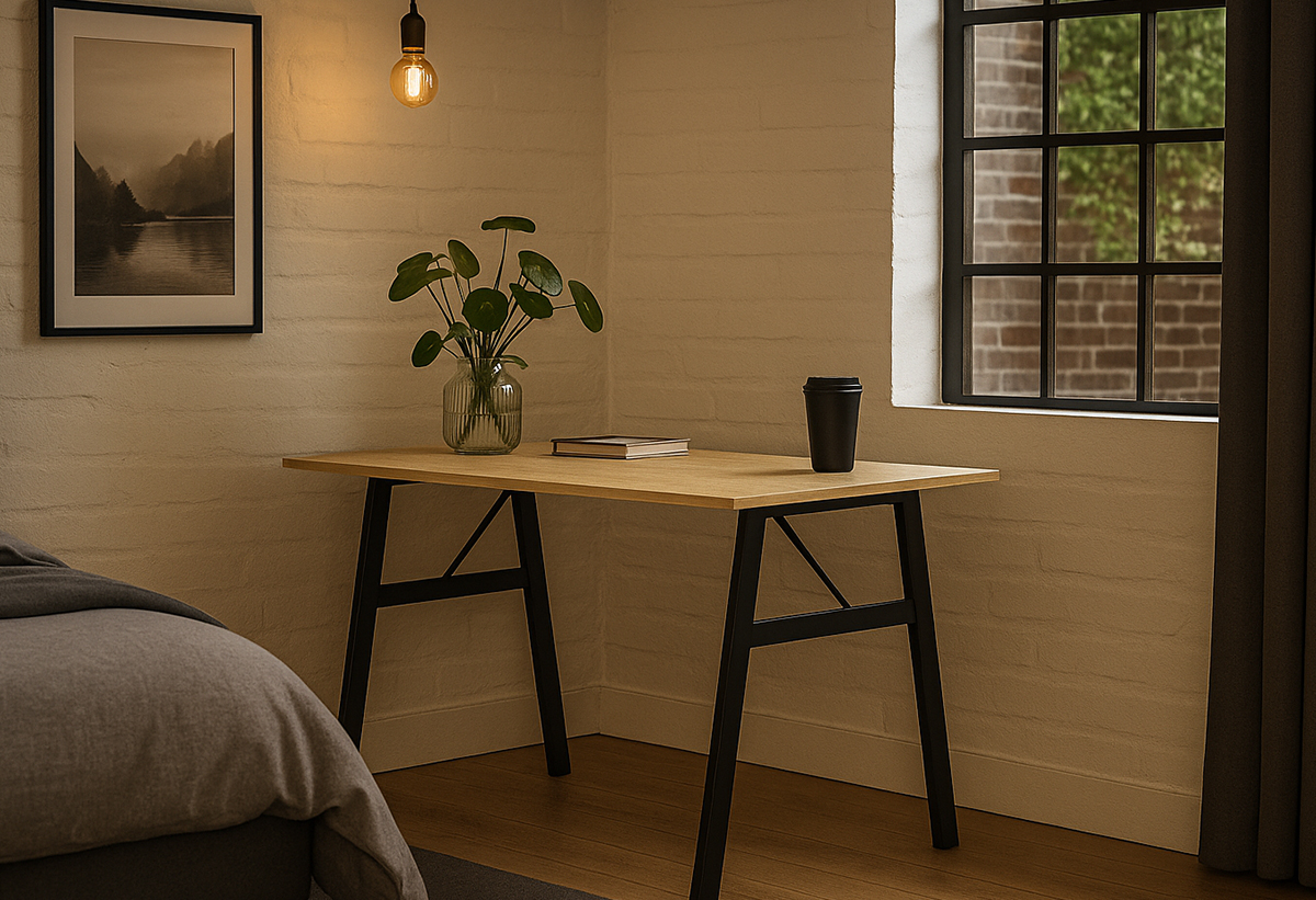 Απεικονίζεται το γραφείο σε δωμάτιο, με βιβλίο, βάζο και χάρτινο ποτήρι πάνω του.